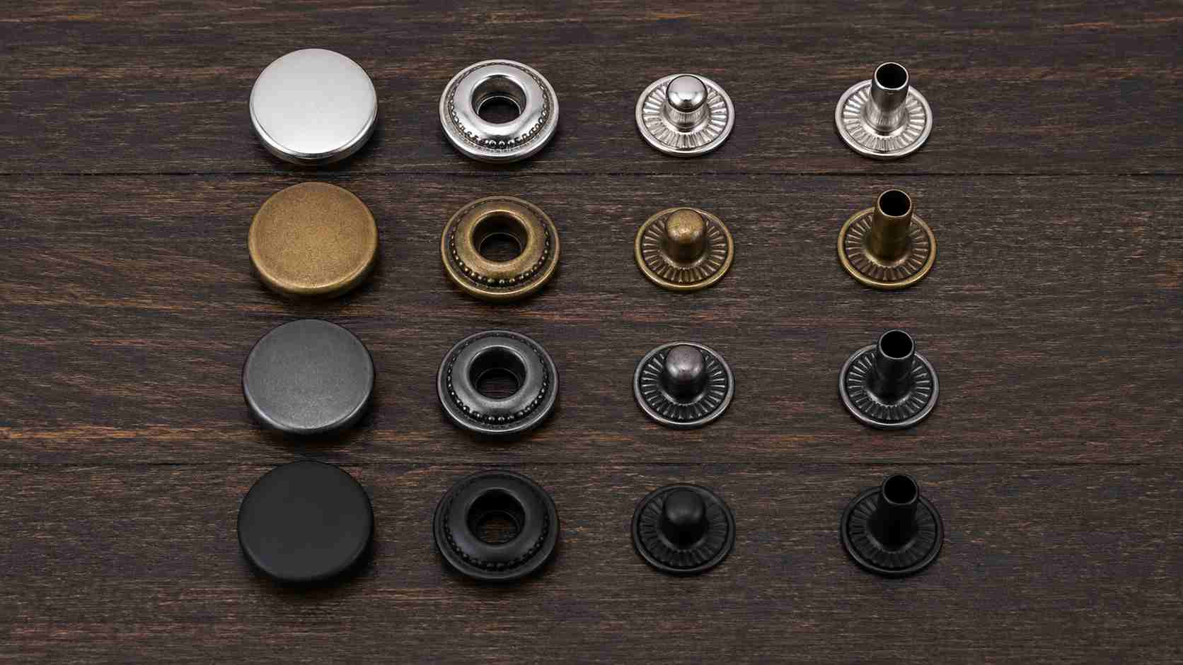 types of snap buttons, Different types of snap buttons in silver, brass, and black finishes are arranged by component type on a wooden surface.